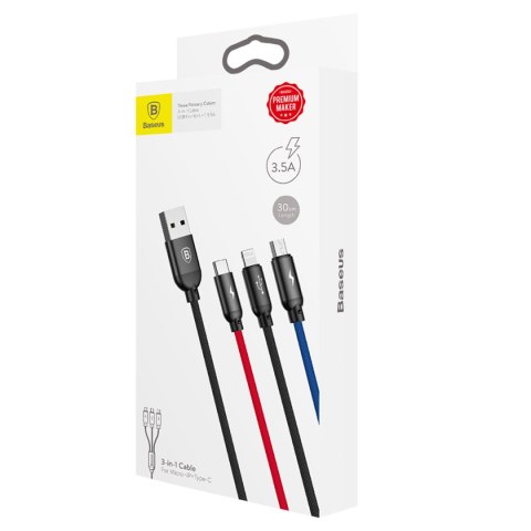 3w1 Kabel przewód USB-A - micro USB / iPhone Lightning / USB-C 3.5A 0.3m - czarny 3w1 Kabel przewód USB-A - micro USB / iPhone Lightning / USB-C 3.5A 0.3m - czarny