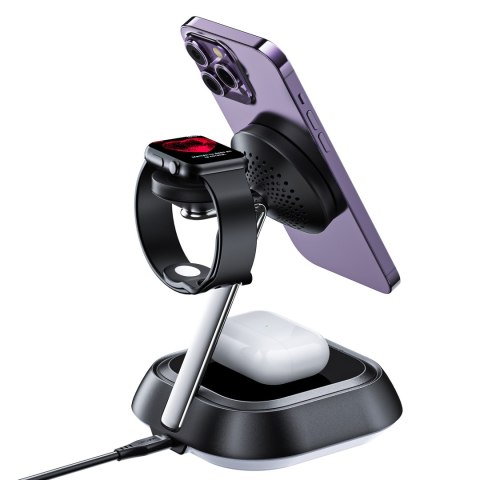 3w1 Stacja ładująca indukcyjna E16 15W do telefonu słuchawek zegarka - czarna 3w1 Stacja ładująca indukcyjna E16 15W do telefonu słuchawek zegarka - czarna