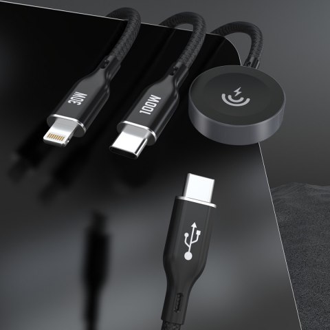 3w1 Kabel przewód USB-C - USB-C / iPhone Lightning / ładowarka do Apple Watch PD 100W 1.2m - czarny 3w1 Kabel przewód USB-C - USB-C / iPhone Lightning / ładowarka do Apple Watch PD 100W 1.2m - czarny