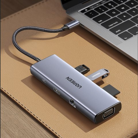 HUB Adapter USB-C - 3x USB-A 3.0 / HDMI / VGA / RJ45 / czytnik kart SD / TF / USB-C PD - szary HUB Adapter USB-C - 3x USB-A 3.0 / HDMI / VGA / RJ45 / czytnik kart SD / TF / USB-C PD - szary