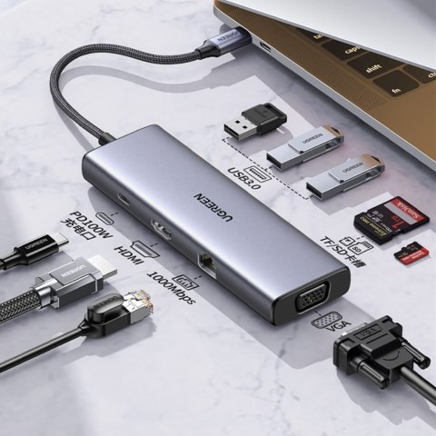 HUB Adapter USB-C - 3x USB-A 3.0 / HDMI / VGA / RJ45 / czytnik kart SD / TF / USB-C PD - szary HUB Adapter USB-C - 3x USB-A 3.0 / HDMI / VGA / RJ45 / czytnik kart SD / TF / USB-C PD - szary