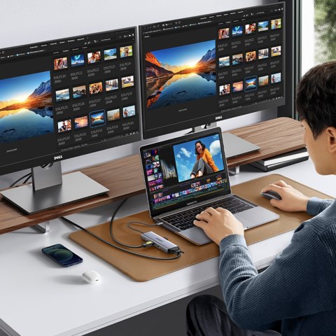 HUB Adapter USB-C - 3x USB-A 3.0 / HDMI / VGA / RJ45 / czytnik kart SD / TF / USB-C PD - szary HUB Adapter USB-C - 3x USB-A 3.0 / HDMI / VGA / RJ45 / czytnik kart SD / TF / USB-C PD - szary