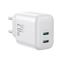 Ładowarka sieciowa 2x USB-C 20W PD QC 3.0 - biała