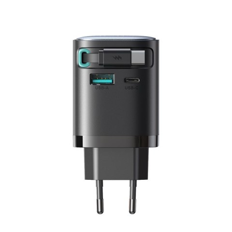 Ładowarka sieciowa GaN 65W USB-A USB-C z wbudowanym kablem USB-C - czarna
