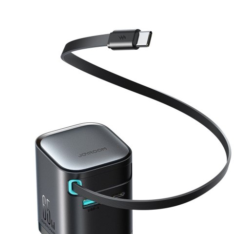 Ładowarka sieciowa GaN 65W USB-A USB-C z wbudowanym kablem USB-C - czarna