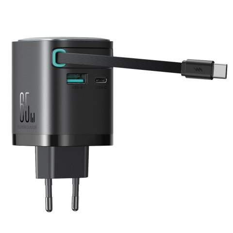 Ładowarka sieciowa GaN 65W USB-A USB-C z wbudowanym kablem USB-C - czarna
