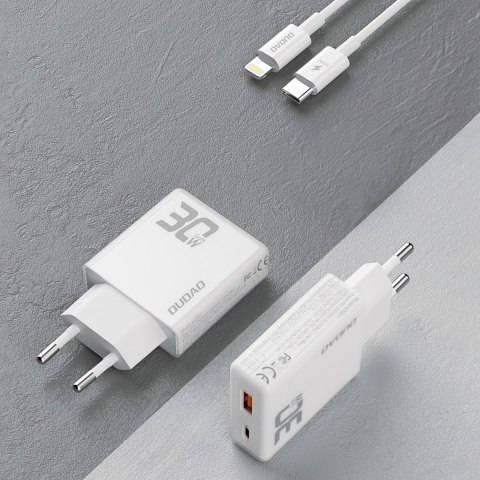 Ładowarka sieciowa GaN A30EUL 30W USB-A USB-C + kabel USB-C - Lightning - biała Ładowarka sieciowa GaN A30EUL 30W USB-A USB-C + kabel USB-C - Lightning - biała