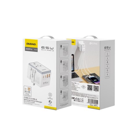 Uniwersalana ładowarka adapter podróżny 65W EU / US / JP / AUS / UK 2x USB-C 2x USB-A - biały Uniwersalana ładowarka adapter podróżny 65W EU / US / JP / AUS / UK 2x USB-C 2x USB-A - biały
