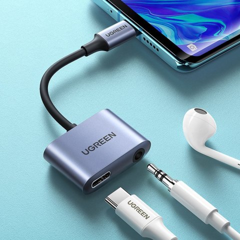 Adapter przejściówka audio USB-C - USB-C + mini jack 3.5mm - szary Adapter przejściówka audio USB-C - USB-C + mini jack 3.5mm - szary