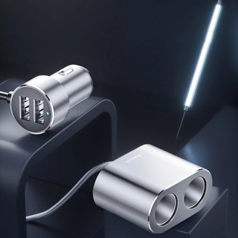 Rozdzielacz samochodowy 2x gniazdo zapalniczki 80W 2x USB-A 3.1A - srebrny Rozdzielacz samochodowy 2x gniazdo zapalniczki 80W 2x USB-A 3.1A - srebrny