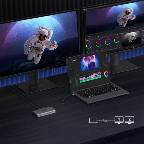 13w1 HUB adapter USB-C - USB-A / USB-C / HDMI / DisplayPort / RJ45 / SD TF / AUX / USB-C PD - szary