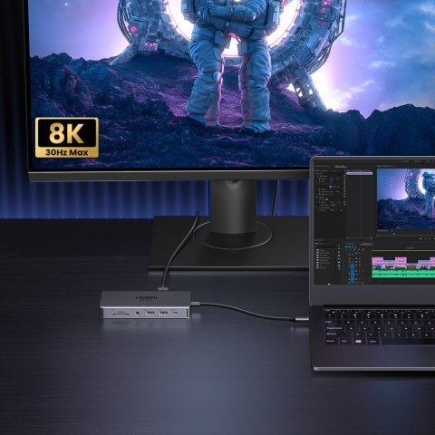 13w1 HUB adapter USB-C - USB-A / USB-C / HDMI / DisplayPort / RJ45 / SD TF / AUX / USB-C PD - szary