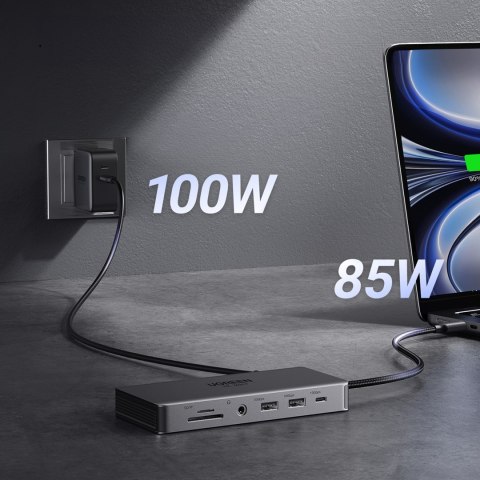 13w1 HUB adapter USB-C - USB-A / USB-C / HDMI / DisplayPort / RJ45 / SD TF / AUX / USB-C PD - szary