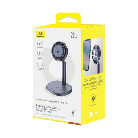 2w1 Ładowarka indukcyjna Orbit 2 Pro MagSafe Qi2 20W z chłodzeniem - szara 2w1 Ładowarka indukcyjna Orbit 2 Pro MagSafe Qi2 20W z chłodzeniem - szara