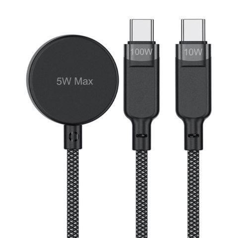 3w1 Kabel przewód USB-C - 2x USB-C / ładowarka Apple Watch Qi 480Mb/s 100W 1.2m - czarny 3w1 Kabel przewód USB-C - 2x USB-C / ładowarka Apple Watch Qi 480Mb/s 100W 1.2m - czarny