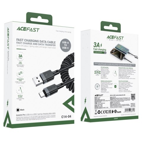 Kabel przewód spiralny USB-A - USB-C 480Mb/s 3A 1.2m - czarny