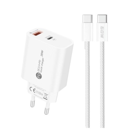 Ładowarka sieciowa 20W USB-A USB-C z kablem USB-C 1m - biała Ładowarka sieciowa 20W USB-A USB-C z kablem USB-C 1m - biała