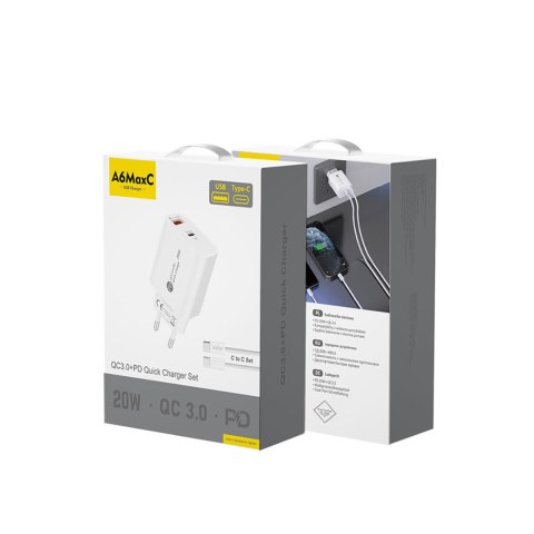 Ładowarka sieciowa 20W USB-A USB-C z kablem USB-C 1m - biała Ładowarka sieciowa 20W USB-A USB-C z kablem USB-C 1m - biała