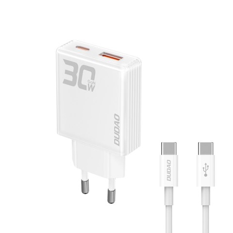 Ładowarka sieciowa GaN 30W USB-A - USB-C z kablem USB-C - biała Ładowarka sieciowa GaN 30W USB-A - USB-C z kablem USB-C - biała