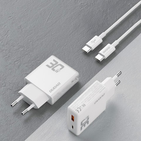 Ładowarka sieciowa GaN 30W USB-A - USB-C z kablem USB-C - biała Ładowarka sieciowa GaN 30W USB-A - USB-C z kablem USB-C - biała