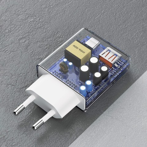 Ładowarka sieciowa GaN 30W USB-A - USB-C z kablem USB-C - biała Ładowarka sieciowa GaN 30W USB-A - USB-C z kablem USB-C - biała