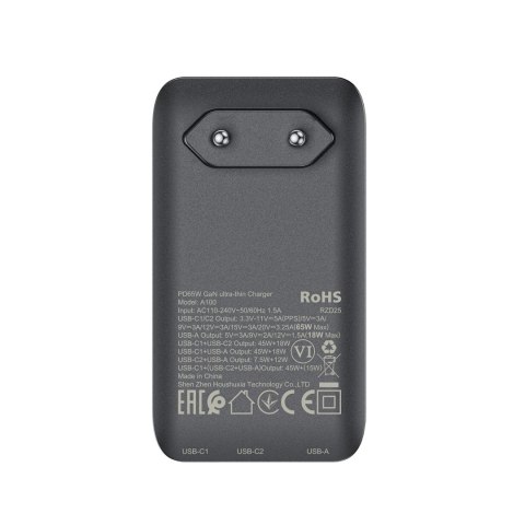 Ładowarka sieciowa płaska 65W GaN 2 USB-C USB-A ultra cienka - czarna Ładowarka sieciowa płaska 65W GaN 2 USB-C USB-A ultra cienka - czarna