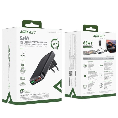 Ładowarka sieciowa płaska 65W GaN 2 USB-C USB-A ultra cienka - czarna Ładowarka sieciowa płaska 65W GaN 2 USB-C USB-A ultra cienka - czarna