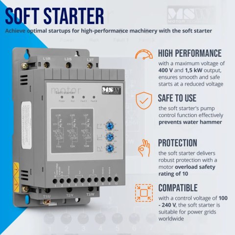 Soft starter do łagodnego rozruchu silników 3 A 1.5 kW 400 / 100-240 V Soft starter do łagodnego rozruchu silników 3 A 1.5 kW 400 / 100-240 V