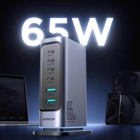 Stacja ładowania ładowarka wieloportowa GaN 65W EU 4x USB-C i 2x USB-A - ciemnoszara Stacja ładowania ładowarka wieloportowa GaN 65W EU 4x USB-C i 2x USB-A - ciemnoszara