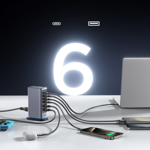 Stacja ładowania ładowarka wieloportowa GaN 65W EU 4x USB-C i 2x USB-A - ciemnoszara Stacja ładowania ładowarka wieloportowa GaN 65W EU 4x USB-C i 2x USB-A - ciemnoszara