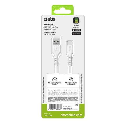 Kabel przewód USB-A - USB-C 1.5m - biały Kabel przewód USB-A - USB-C 1.5m - biały