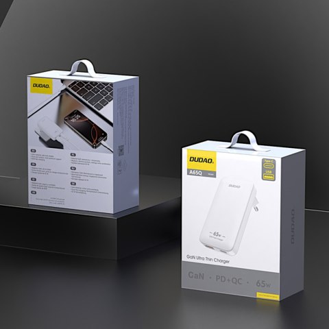 Ładowarka sieciowa podróżna ultracienka GaN 65W USB-A USB-C PD EU / US - biała Ładowarka sieciowa podróżna ultracienka GaN 65W USB-A USB-C PD EU / US - biała