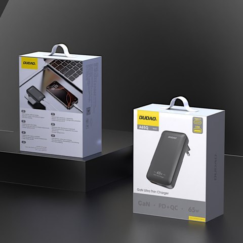 Ładowarka sieciowa podróżna ultracienka GaN 65W USB-A USB-C PD EU / US - czarna Ładowarka sieciowa podróżna ultracienka GaN 65W USB-A USB-C PD EU / US - czarna