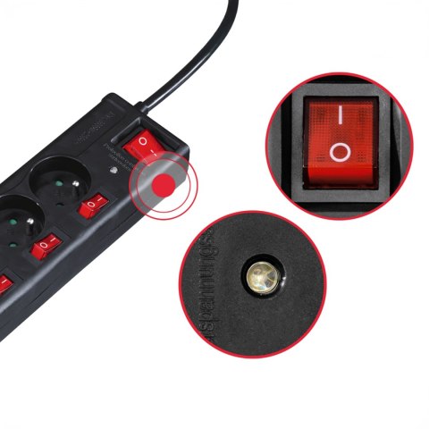 Listwa antyprzepięciowa z wyłącznikami 6 gniazd 1.4m - czarna Listwa antyprzepięciowa z wyłącznikami 6 gniazd 1.4m - czarna