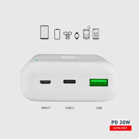 Powerbank 20000 mAh PD MicroUSB USB-C USB-A 20W - biały Powerbank 20000 mAh PD MicroUSB USB-C USB-A 20W - biały