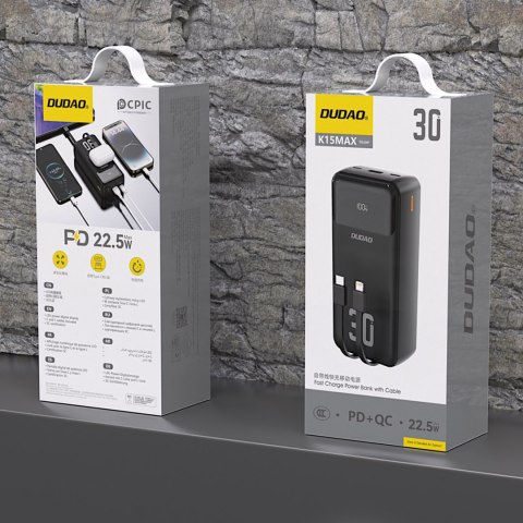 Powerbank 30000mAh z wbudowanymi kablami PD 22.5W - czarny Powerbank 30000mAh z wbudowanymi kablami PD 22.5W - czarny