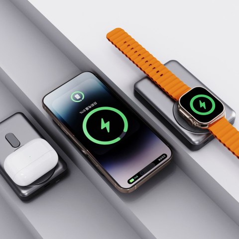 Powerbank K29 10000mAh MagSafe metalowa obudowa podstawka kable USB-C iPhone Lightning PD 20W - srebrny Powerbank K29 10000mAh MagSafe metalowa obudowa podstawka kable USB-C iPhone Lightning PD 20W - srebrny