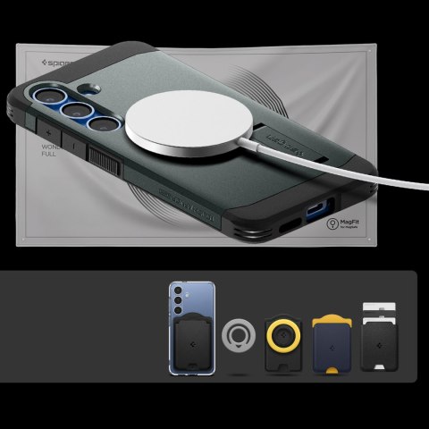 Etui na Samsung Galaxy S25 z podstawką Tough Armor MagSafe - zielone Etui na Samsung Galaxy S25 z podstawką Tough Armor MagSafe - zielone