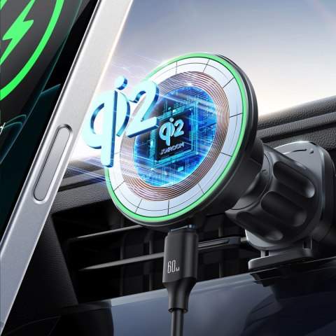 Uchwyt samochodowy z ładowarką do telefonu Qi2 15W na kratkę nawiewu - czarny Uchwyt samochodowy z ładowarką do telefonu Qi2 15W na kratkę nawiewu - czarny