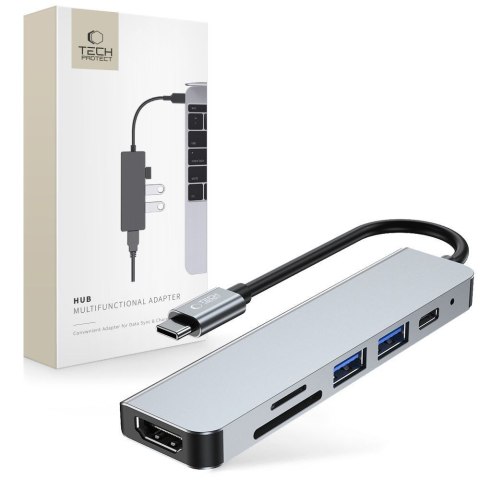 6w1 HUB rozdzielacz USB-C na USB-A USB-C HDMI micro SD / TF / SD - szary 6w1 HUB rozdzielacz USB-C na USB-A USB-C HDMI micro SD / TF / SD - szary