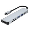 6w1 HUB rozdzielacz USB-C na USB-A USB-C HDMI micro SD / TF / SD - szary 6w1 HUB rozdzielacz USB-C na USB-A USB-C HDMI micro SD / TF / SD - szary