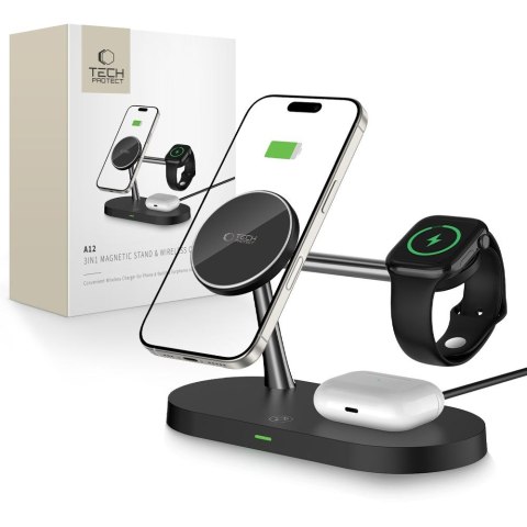 Ładowarka indukcyjna 3w1 na smartfon słuchawki smartwatch z MagSafe - czarna Ładowarka indukcyjna 3w1 na smartfon słuchawki smartwatch z MagSafe - czarna