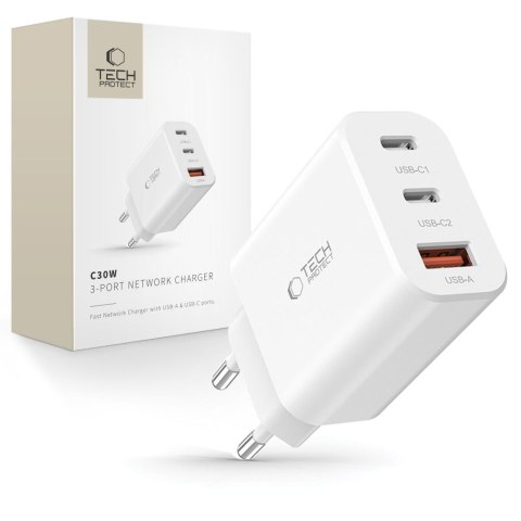 Ładowarka sieciowa 2x USB-C PD / USB-A QC 30W - biała Ładowarka sieciowa 2x USB-C PD / USB-A QC 30W - biała