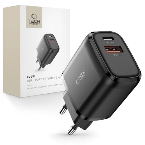 Ładowarka sieciowa USB-C PD 20W / USB-A QC 3.0 - czarna Ładowarka sieciowa USB-C PD 20W / USB-A QC 3.0 - czarna