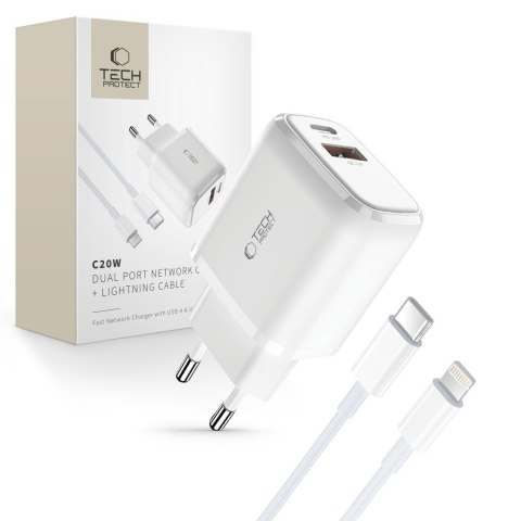 Ładowarka sieciowa USB-C PD 20W / USB-A QC 3.0 z kablem USB-C / iPhone Lightning - biała Ładowarka sieciowa USB-C PD 20W / USB-A QC 3.0 z kablem USB-C / iPhone Lightning - biała