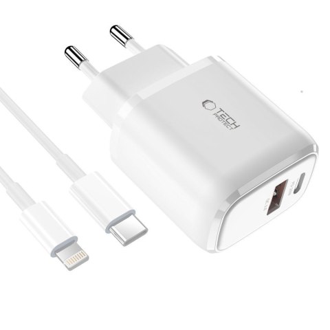 Ładowarka sieciowa USB-C PD 20W / USB-A QC 3.0 z kablem USB-C / iPhone Lightning - biała Ładowarka sieciowa USB-C PD 20W / USB-A QC 3.0 z kablem USB-C / iPhone Lightning - biała