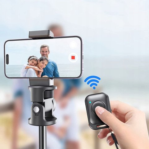 Selfie stick kijek do zdjęć Bluetooth z pilotem tripodem głowicą 148cm - czarny Selfie stick kijek do zdjęć Bluetooth z pilotem tripodem głowicą 148cm - czarny