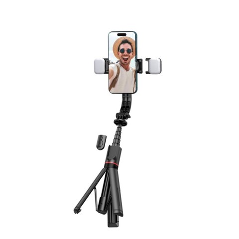 Selfie stick kijek do zdjęć Bluetooth z tripodem lampą LED do 105cm - czarny Selfie stick kijek do zdjęć Bluetooth z tripodem lampą LED do 105cm - czarny