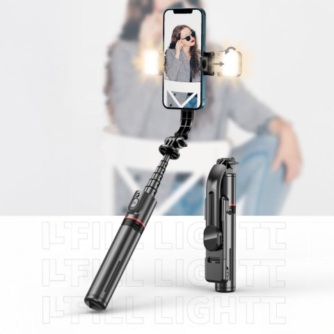 Selfie stick kijek do zdjęć Bluetooth z tripodem lampą LED do 105cm - czarny Selfie stick kijek do zdjęć Bluetooth z tripodem lampą LED do 105cm - czarny