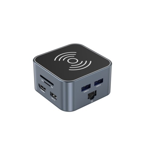 12w1 Hub z ładowarką bezprzewodową USB-A USB-C HDMI RJ45 SD TF mini jack - szary 12w1 Hub z ładowarką bezprzewodową USB-A USB-C HDMI RJ45 SD TF mini jack - szary